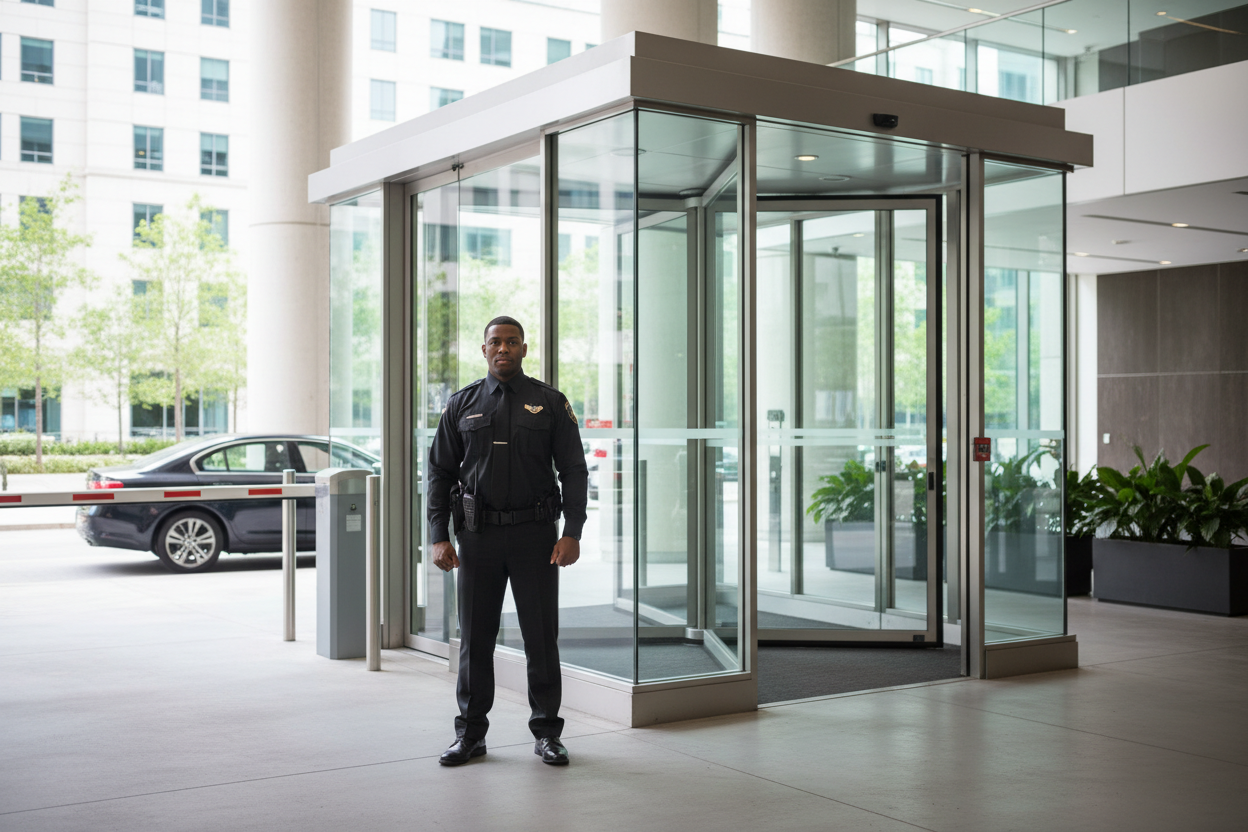 Security guard at gatehouse - homepage background